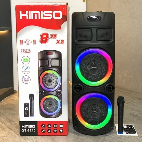 블루투스 스피커 Kimiso QS-8210 더블 8 인치 경적 2000W 피크 강력 다기능 노래방 리모컨 및 마이크 신제품, Black (Thanks), 1.Black