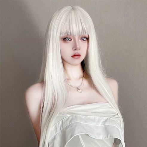 애아리컨 일자 앞머리 통가발 롱 전체가발, 1개, 화이트생머리