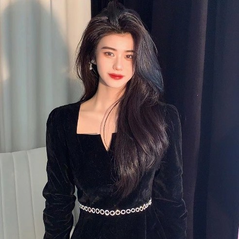 빅 사이즈 긴팔 원피스 여 가을 겨울 뚱뚱 MM 헵번 벨벳 스몰 블랙 스커트 카라 롱스커트