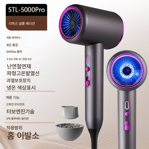 헤어드라이어 가정용 고출력 미용실 블루라이트 음이온 전기 드라이어 냉열풍 무음, STL-5000Pro, 2400W 드라이기 Best Top5