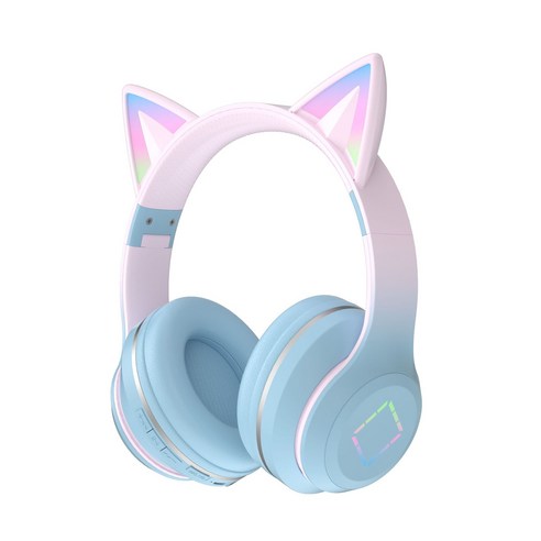 Maxinsk 블루투스 헤드폰 노이즈캔슬링 헤드폰 에어팟 그라데이션 고양이 귀 통화 이어폰 숙녀, 하늘색