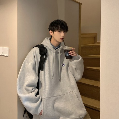 YANG 단색 후드 스웨터 남성 트렌디 가을 홍콩 스타일 느슨한 레저 모든 경기 트렌디 커플 풀오버 코트