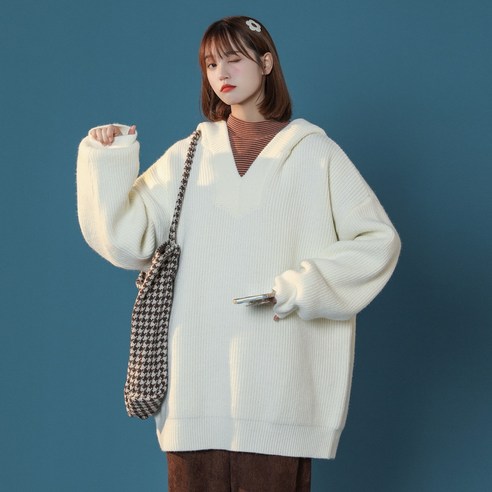 smy여성 스웨터 모자 가을 겨울 우유 달콤한 스웨터 복고풍 일본식 게으른 코트 특대 틈새 여성 의류