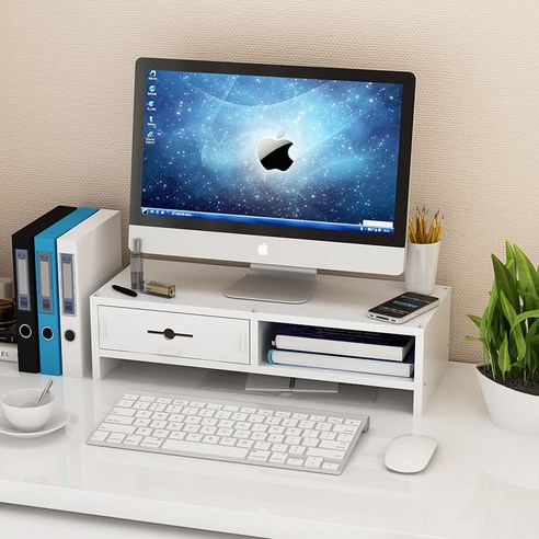 【Computer Rack】【컴퓨터 랙】자궁 경부 척추 보호 컴퓨터 디스플레이 화면 높은 선반 사무실 데스크탑 컴퓨터베이스 책 데스크탑 스토리지 랙, 더블레이어파티션화이트(1서랍)
