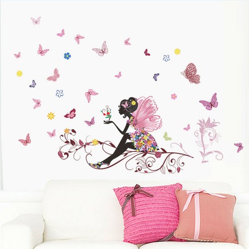 나비 다채로운 꽃 요정 벽 스티커 거실 Tvbackground 장식, 하나, 보여진 바와 같이