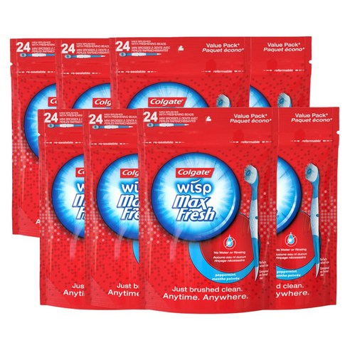 Colgate 콜게이트 맥스 프레쉬 위스프 휴대용 일회용 미니 칫솔 페퍼민트 24개입 8팩, 8개
