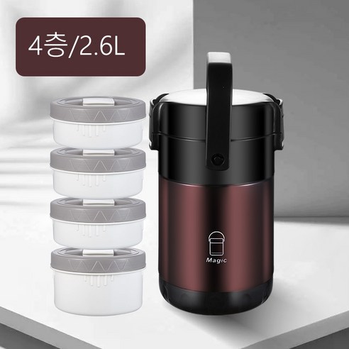 kelake 일체형 스텐 보온도시락 다층 2.6L 2.3L 대용량, 4층 2.6L, 다갈색