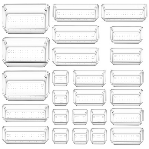 SAIVEINA 다용도 옷장 주방 사무실 화장품 욕실 책상 주얼리 서랍 정리함 트레이 4가지 사이즈 아크릴 보관 수납함 25피스, 투명, 25개 Best Top5
