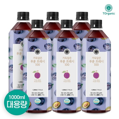 투오가닉 푸룬주스 식이섬유 푸룬건자두100% 변비 딥워터 농축 원액 1000ml, 1L, 6개