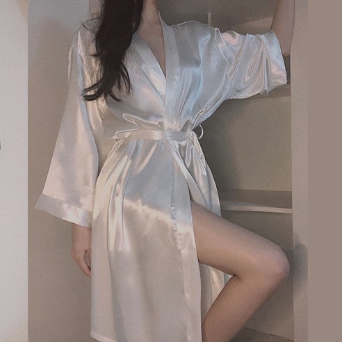 DFMEI-Y 잠옷 여성 봄 가을 긴팔 잠옷 얼음 실크 얇은 실크 화이트 잠옷 여성 목욕 가운 중간 길이, DFMEI 화이트 DZ #8999 화이트 잠옷 긴 소매, S 크기 [추천 80-100 진]