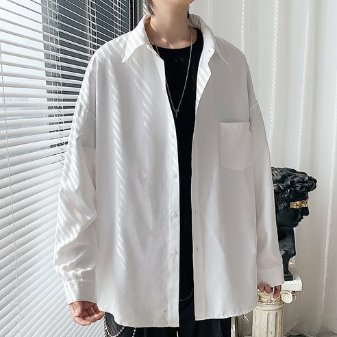 일본식 헤이즈 블루 긴팔 셔츠 남성 가을 고급 캐주얼 인치 셔츠 트렌디 대형 느슨한 셔츠 코트