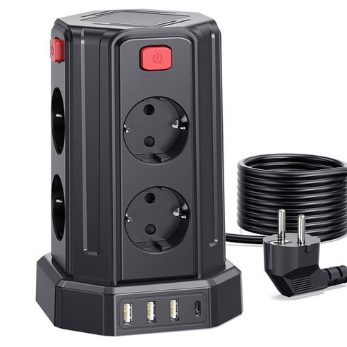 과부하차단 USB 타워 멀티탭 - 블랙 - 3M 전선 - USB 멀티탭 12구 (8소켓 3*USB-A 1*USB-C) KC 인증서 취득, 검은색, 1개