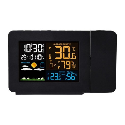LCD 디지털 테이블 알람 시계 기상 관측소 온도 시간 투영, 검은 색, ABS