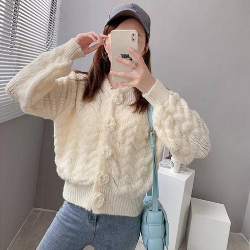아이엠몽 여성용 데일리 플라워 단추 숏가디건