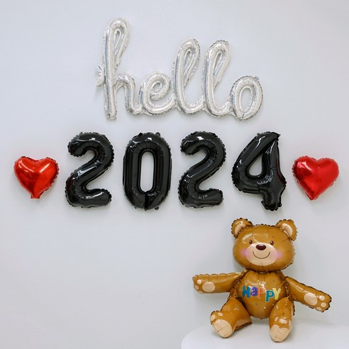 파티몬 헬로우 연말 파티 풍선 신년, hello 홀로그램 실버 + 2024블랙 + 하트 레드, 1개
