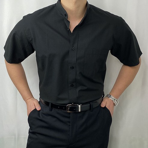 포시즌셔츠 차이나카라 남자 블랙 일반핏 와이셔츠 구김적은 헨리넥셔츠