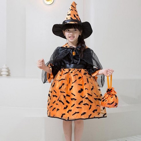 배트마녀 오렌지 할로윈 코스튬 마녀세트복(드레스+모자+망토+가방)