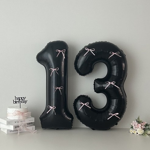 연지마켓 블랙 대형 숫자 풍선 리본 기념일 생일, 1개, 핑크리본 + 블랙숫자 13