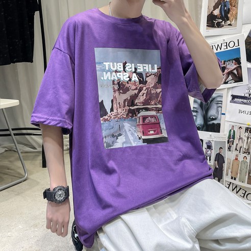 KORELAN 야미상 | 일본계 심플 프린트 티셔츠 남 반팔 패셔너블 캐주얼 여름 트렌드 반소매