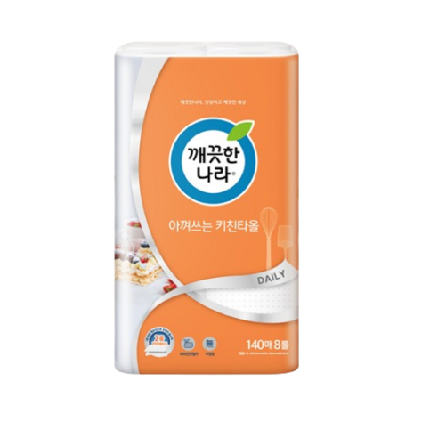 깨끗한나라 아껴쓰는 천연펄프 키친타올 140매, 8개 일회용품/종이컵 깨끗한나라 아껴쓰는 천연펄프 키친타올 140매, 8개 일회용품/종이컵