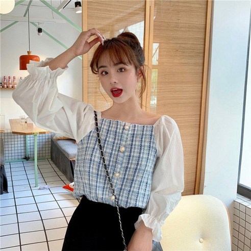 LCY 레트로 긴팔 셔츠 봄과 가을 새로운 한국어 스타일 슬리밍 디자인 바느질 셔츠 모든 일치 스퀘어 칼라 셔츠