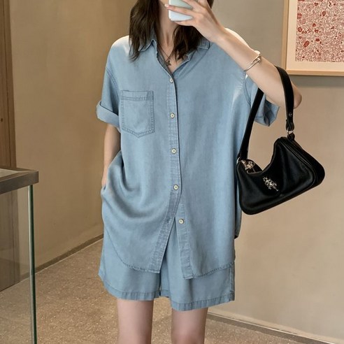 여성용 데님 셔츠 반바지 투피스 세트 남방 포켓 오버핏 반팔 숏 청바지 데일리록 데님투피스 여성용 데님 셔츠 반바지 투피스 세트 남방 포켓 오버핏 반팔 숏 청바지 데일리록 데님투피스