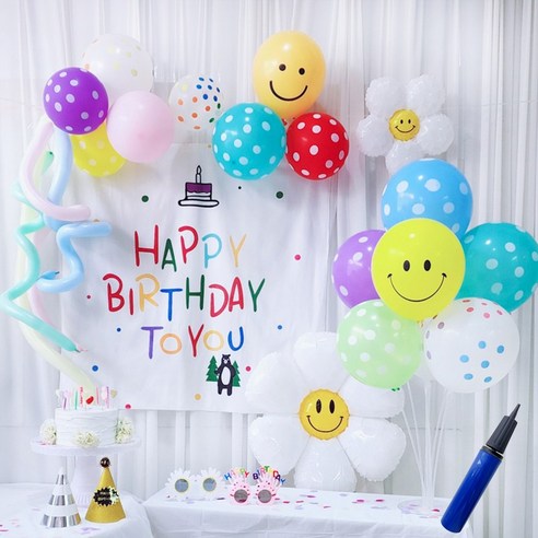 생일 홈파티 현수막 풍선 세트 파티 꾸미기 축하 용품, 곰돌이 생일현수막 풍선세트(손펌프)
