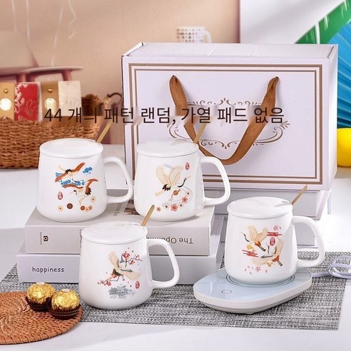 도 일정 온도 컵 선물 세트 패션 우유 컵 선물 상자 따뜻한 컵 머그잔 선물 활동 선물, 화이트 크레인, 컵+커버+스푼(난방패드)