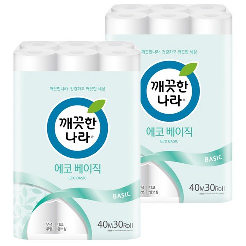 깨끗한나라 에코 베이직 화장지 40m, 2팩, 30롤