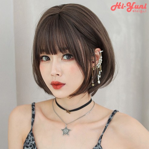 하이유니 볼륨 매직 펌 헤어 단발 통가발 가발 31cm + 가발망 + 거치대 세트, 쿨브라운