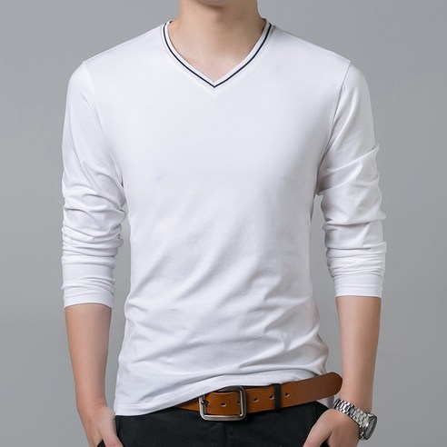 Mao신 남성용 긴팔 티셔츠 한국식 니트 넥 솔리드 컬러 슬림 남자 유행 남자 기본 셔츠 도매
