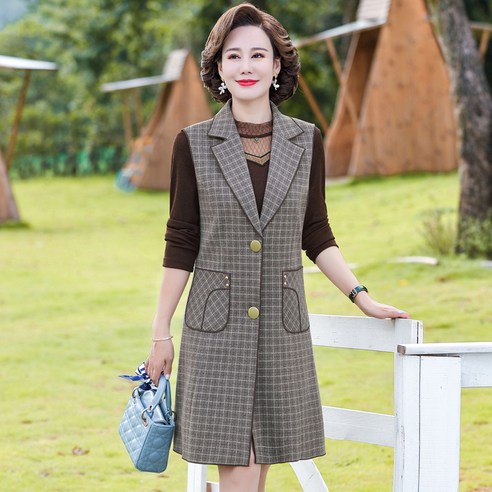 어머니 착용 가을 새로운 드레스 긴 소매 중년 여성 격자 무늬 코트 중년 여성 두 조각 정장