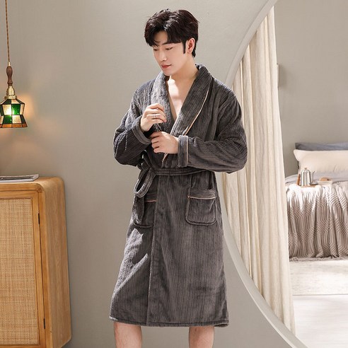 DFMEI-Y 하이 엔드 잠옷 남성 잠옷 겨울 플란넬 남성 잠옷 목욕 가운 두꺼운 가정용 대형 긴 인터넷 연예인, DFMEI 그레이 목욕 가운, XL 125-150 진