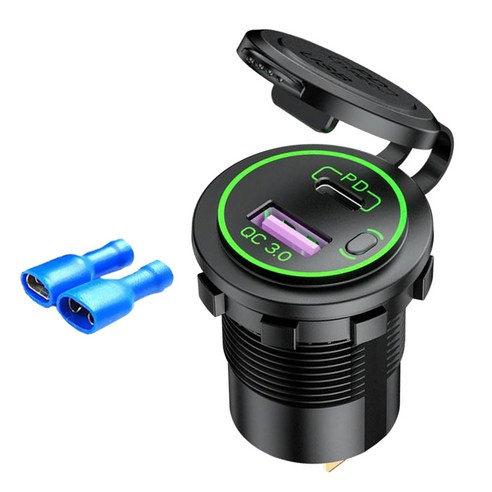 QC3.0 PD 충전기 소켓 LED 전압계 빠른 전원 배달 듀얼 포트 자동차 보트 해양 오토바이 빠른 배달 3.0, 녹색 단자, 50x37x29mm, ABS 플라스틱