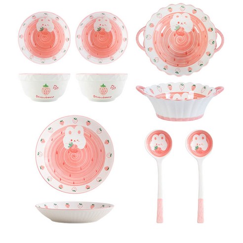 BLOWFISHFUGU 가정용 캐릭터 도자기밥그릇 접시 홈식기 세트 양손 스프볼라면그릇 6세트, 1세트, 분홍색