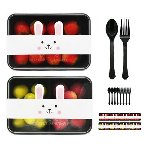 도나앤데코 PP내열 도시락용기 블랙한칸 5p + 두칸 5p + 맛있게드세요 토끼띠지 10p + 블랙스푼 5p + 포크 5p, 1개