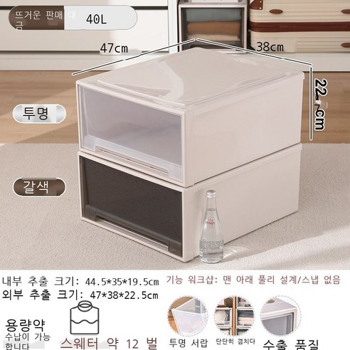 옷 수납함 플라스틱 서랍식 수납함 투명 데스크톱 거실 옷장 보관함 수납장 정리함, 투명한 모양, 40#[깊이 47*폭 38*높이 22.5cm]