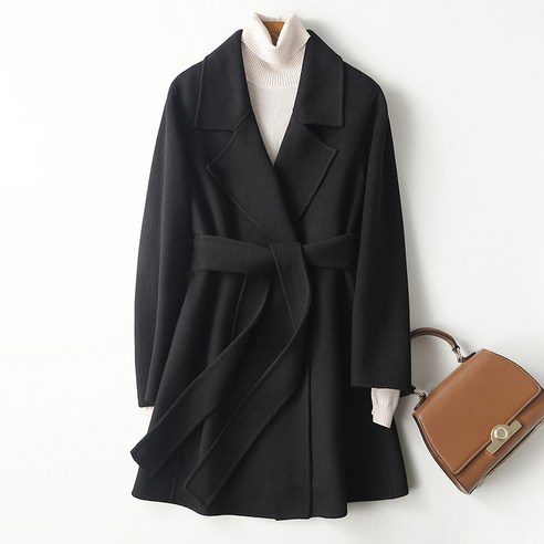 Mao 새로운 벨트 양면 양모 코트 여성 중간 길이 슬림 블랙 솔리드 컬러 울 코트