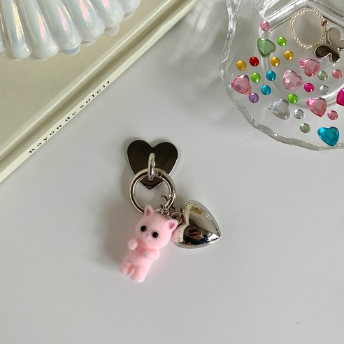 떨샵 부착고리set 달링고양이 키링 로맨틱 진주리본 아이폰 핸드폰 고리 폰꾸 키홀더, 1개, 달링고양이키링(하트핑크)