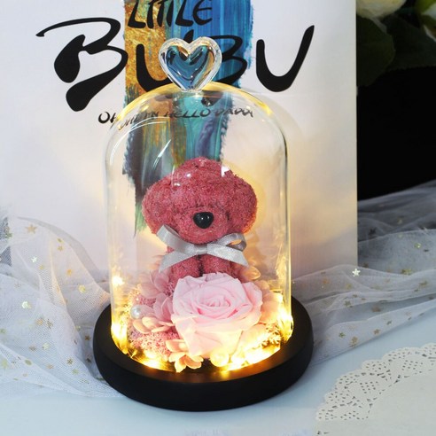 [LOVE MQ] 테디 베어 꽃 영원한 로즈 아름다움과 야수 말린 꽃 유리 돔 웨딩 홈 장식 생일 선물, 하나, 테디 핑크