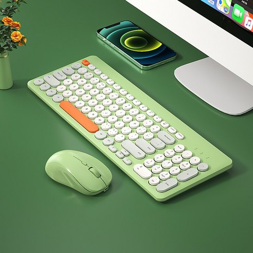[시요] 게임 키보드 및 마우스 라운드 Keycap 매직 사일런트 2.4G 무선 키보드 마우스 충전식 PC 게이머 컴퓨터 노트북 세트, greenwithmouse, 하나, 하나
