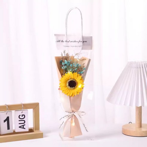 투명 소원병 꽃다발 시들지 않는 꽃 배합 LED무드등 생일 선물 명절 선물, 한 송이 해바라기, 1개