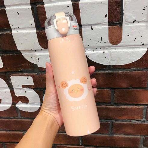 smy크리 에이 티브 한국어 스타일 진공 컵 핑크 귀여운 신선한 간단한 여성 학생 휴대용 인터넷 연예인 Ins 컵, 다크 핑크 양고기/500Ml, 하나
