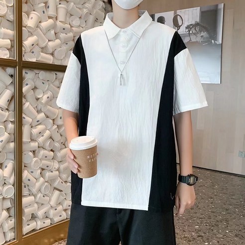 DFMEI 반팔 티셔츠 남자의 홍콩 스타일 패션 브랜드 디자인 감각 느슨한 레저 바느질 커플 착용 반팔 옷깃 티셔츠
