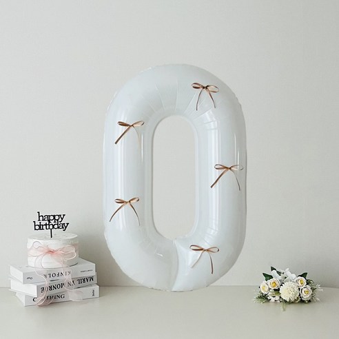 연지마켓 화이트 대형 숫자 풍선 리본 기념일 생일, 화이트 0, 1개, 브라운리본
