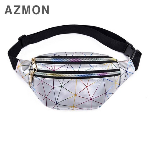 AZMON 레인보우 다이아몬드 캐주얼 힙색 가방 2.5L, 실버