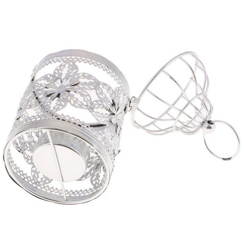 금속 Tealight 캔들 홀더 매달려 등불 크리 에이 티브 새장 웨딩 홈 테이블 장식-3.15x5.51inch, E 실버, 철