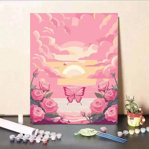 luntim DIY 명화그리기 유화 그림 그리기 선물 아크릴화 30x40 밝은 색 힐링 풍경화, 로즈 스카이, 1개