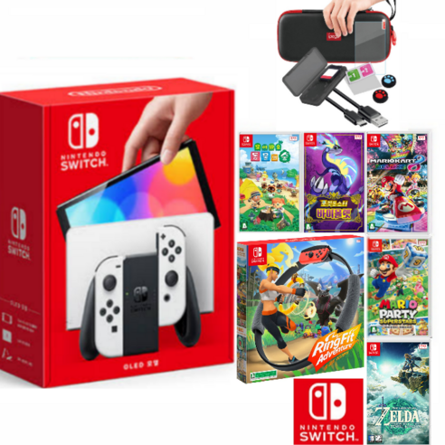 [당일발송] 닌텐도 스위치 OLED+게임 선택+10개 해피 악세사리 풀세트, OLED-화이트+포켓몬 아르세우스+10개 악세사리