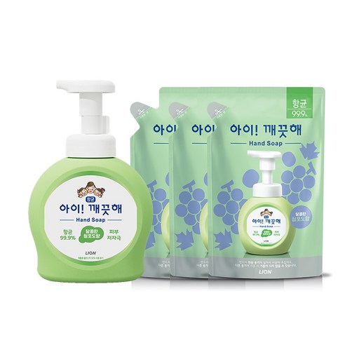 [신세계TV쇼핑]아이깨끗해 용기 490ml 1개+리필 450ml 3개, 1세트, 3.청포도 490ml 1개+450ml 3개